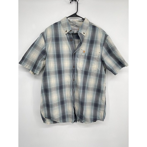 Carhartt Relaxed Fit Button Up Work‎ Shirt Plaid Short Sleeve Front Pocket Men L - Picture 1 of 7